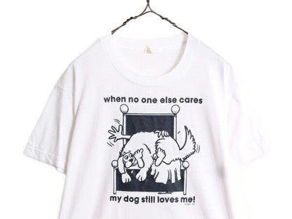 80s USA製 ドッグ イラスト メッセージ プリント Tシャツ メンズ XL 小さめ M 程/ 80年代 ヴィンテージ アニマル 犬 シングルステッチ 白