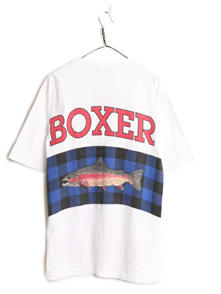 90s USA製 ジョーボクサー 両面 プリント 半袖 Tシャツ XL 程/ オールド ヘビーウェイト 大きいサイズ フィッシュ 魚 シングルステッチ 白
