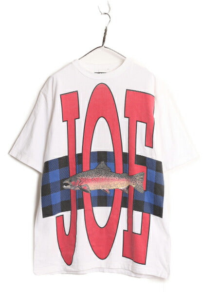90s USA製 ジョーボクサー 両面 プリント 半袖 Tシャツ XL 程/ オールド ヘビーウェイト 大きいサイズ フィッシュ 魚 シングルステッチ 白