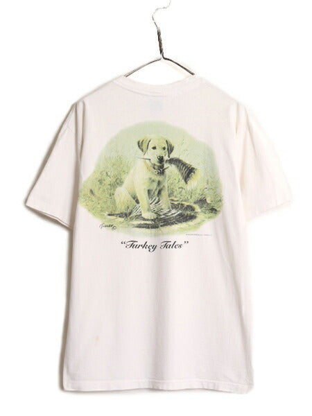 90s USA製 ドッグ イラスト バックプリント Tシャツ メンズ L / 90年代 オールド アート アニマル 犬 ハンティング ポケット付き ポケT 白