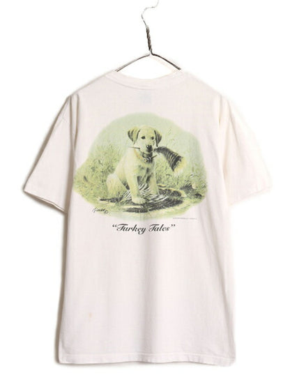 90s USA製 ドッグ イラスト バックプリント Tシャツ メンズ L / 90年代 オールド アート アニマル 犬 ハンティング ポケット付き ポケT 白