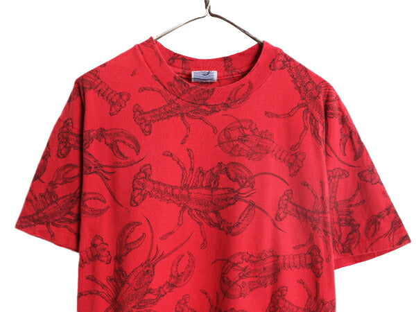 90s USA製 ロブスター イラスト オールオーバー プリント Tシャツ メンズ L / 90年代 オールド ザリガニ 総柄 アート シングルステッチ 赤