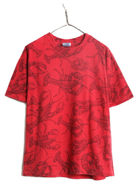90s USA製 ロブスター イラスト オールオーバー プリント Tシャツ メンズ L / 90年代 オールド ザリガニ 総柄 アート シングルステッチ 赤