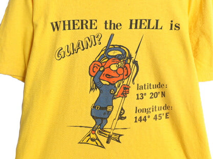 80s USA製 キャラクター メッセージ イラスト プリント Tシャツ メンズ M 古着 80年代 ヴィンテージ ジョーク シングルステッチ グアム 黄