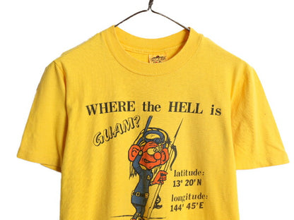 80s USA製 キャラクター メッセージ イラスト プリント Tシャツ メンズ M 古着 80年代 ヴィンテージ ジョーク シングルステッチ グアム 黄