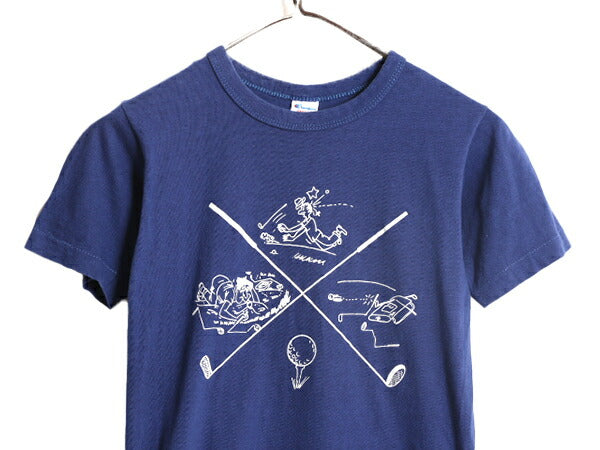 80s USA製 チャンピオン ゴルフ イラスト プリント Tシャツ メンズ S 小さめ / ヴィンテージ Champion 100% コットン シングルステッチ 紺