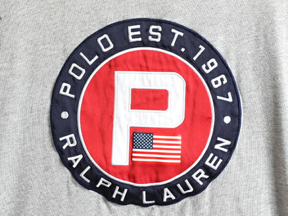 ■ ポロ ラルフローレン 星条旗 Pロゴ ワッペン 刺繍 半袖 Tシャツ メンズ XL 古着 POLO フラッグ ロゴ クルーネック シングルステッチ 灰