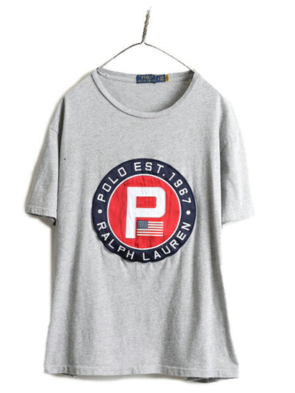 ■ ポロ ラルフローレン 星条旗 Pロゴ ワッペン 刺繍 半袖 Tシャツ メンズ XL 古着 POLO フラッグ ロゴ クルーネック シングルステッチ 灰