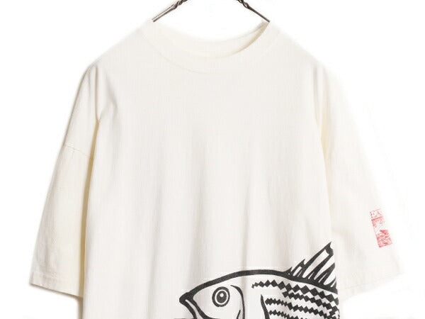 90s フィッシュ アート イラスト 巻き プリント Tシャツ メンズ XL / オールド フィッシング グラフィック ヘビーウェイト 白 大きいサイズ
