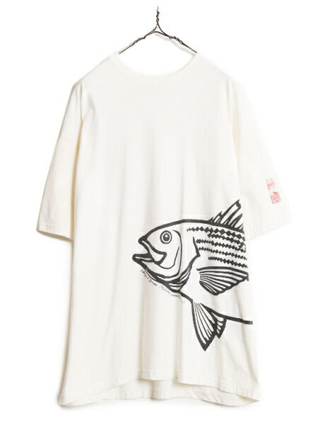 90s フィッシュ アート イラスト 巻き プリント Tシャツ メンズ XL / オールド フィッシング グラフィック ヘビーウェイト 白 大きいサイズ
