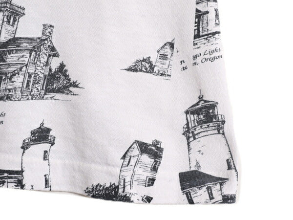 90s USA製 オレゴン 灯台 イラスト オールオーバー プリント Tシャツ メンズ L 古着 90年代 オールド 当時物 アート 総柄 シングルステッチ