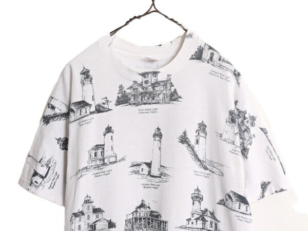 90s USA製 オレゴン 灯台 イラスト オールオーバー プリント Tシャツ メンズ L 古着 90年代 オールド 当時物 アート 総柄 シングルステッチ