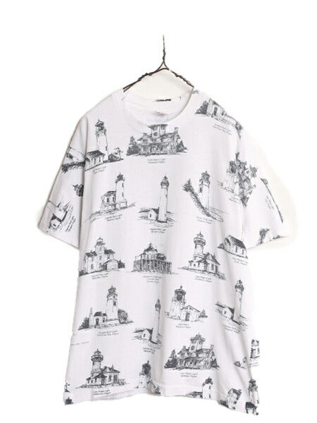 90s USA製 オレゴン 灯台 イラスト オールオーバー プリント Tシャツ メンズ L 古着 90年代 オールド 当時物 アート 総柄 シングルステッチ
