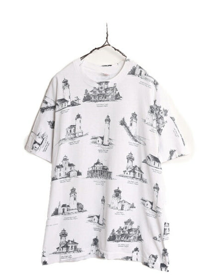 90s USA製 オレゴン 灯台 イラスト オールオーバー プリント Tシャツ メンズ L 古着 90年代 オールド 当時物 アート 総柄 シングルステッチ