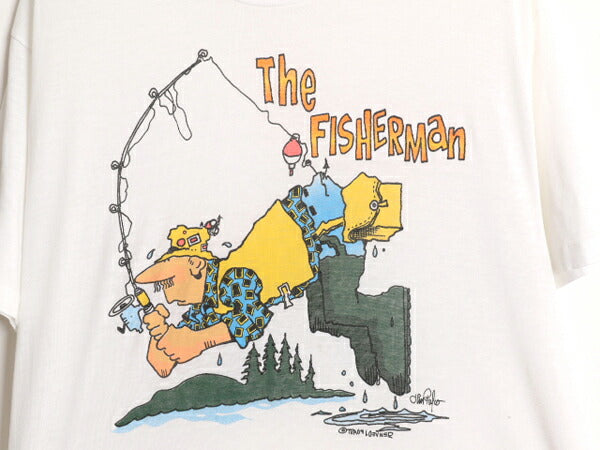 80s フィッシング ジョーク イラスト プリント Tシャツ メンズ L 程/ 古着 80年代 ヴィンテージ 当時物 グラフィック シングルステッチ 白
