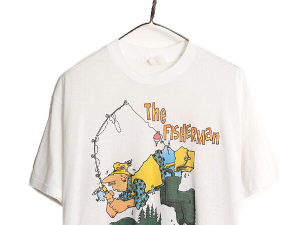 80s フィッシング ジョーク イラスト プリント Tシャツ メンズ L 程/ 古着 80年代 ヴィンテージ 当時物 グラフィック シングルステッチ 白