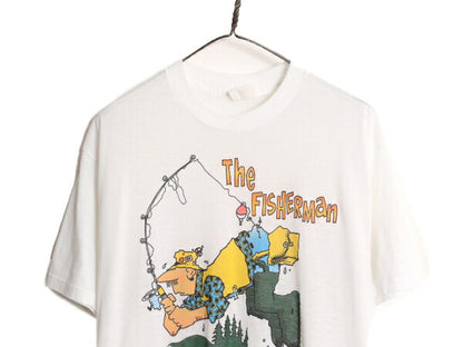 80s フィッシング ジョーク イラスト プリント Tシャツ メンズ L 程/ 古着 80年代 ヴィンテージ 当時物 グラフィック シングルステッチ 白