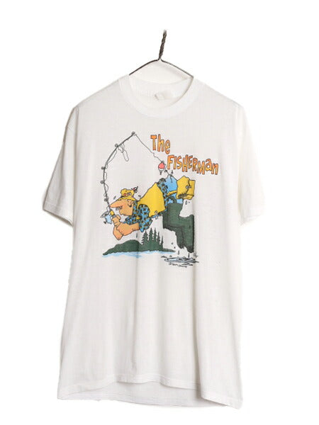 80s フィッシング ジョーク イラスト プリント Tシャツ メンズ L 程/ 古着 80年代 ヴィンテージ 当時物 グラフィック シングルステッチ 白