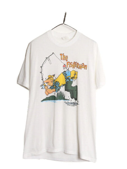 80s フィッシング ジョーク イラスト プリント Tシャツ メンズ L 程/ 古着 80年代 ヴィンテージ 当時物 グラフィック シングルステッチ 白