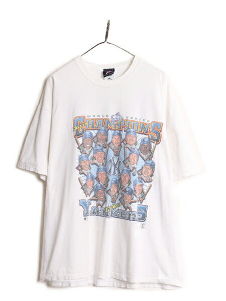 90s USA製 MLB オフィシャル ヤンキース イラスト プリント Tシャツ メンズ XXL / 90年代 オールド 当時物 大リーグ 白 大きいサイズ 2XL