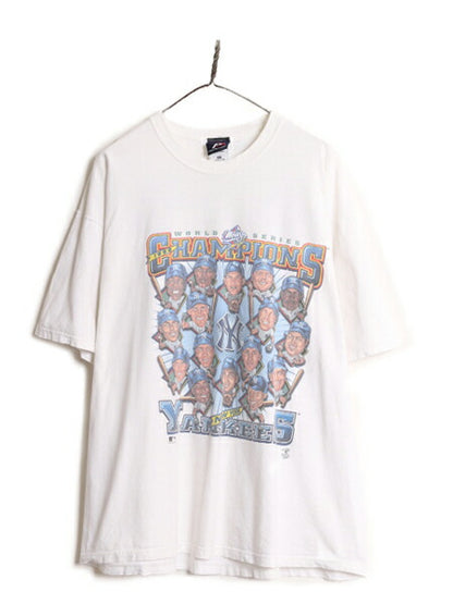 90s USA製 MLB オフィシャル ヤンキース イラスト プリント Tシャツ メンズ XXL / 90年代 オールド 当時物 大リーグ 白 大きいサイズ 2XL
