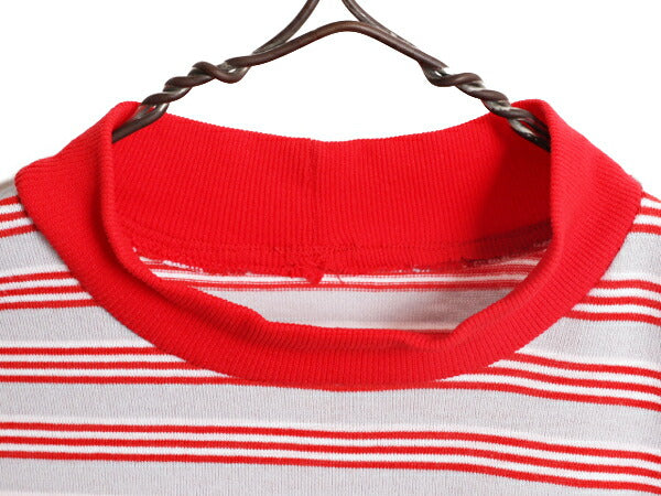 70s 80s モックネック リブ編み ボーダー 半袖 Tシャツ メンズ レディース S / 70年代 80年代 ヴィンテージ ストレッチ シングルステッチ