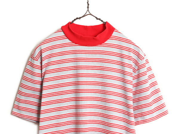 70s 80s モックネック リブ編み ボーダー 半袖 Tシャツ メンズ レディース S / 70年代 80年代 ヴィンテージ ストレッチ シングルステッチ