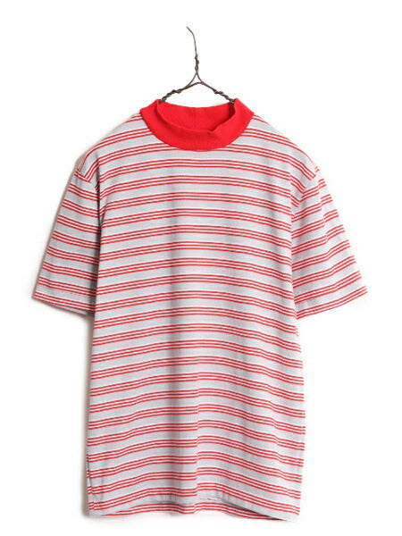 70s 80s モックネック リブ編み ボーダー 半袖 Tシャツ メンズ レディース S / 70年代 80年代 ヴィンテージ ストレッチ シングルステッチ