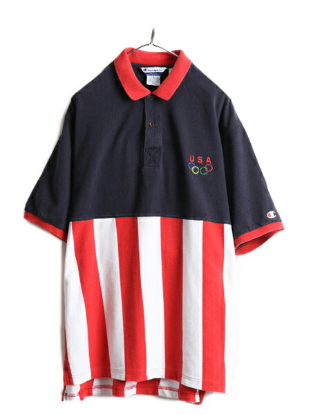 90s 大きいサイズ XL ■ チャンピオン アトランタ オリンピック オフィシャル 鹿の子 半袖 ポロシャツ メンズ 古着 星条旗 90年代 CHAMPION