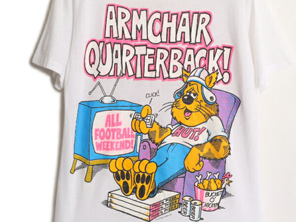 80s USA製 フットボール ジョーク イラスト プリント Tシャツ メンズ M / 80年代 ヴィンテージ アメフト キャラクター シングルステッチ 白