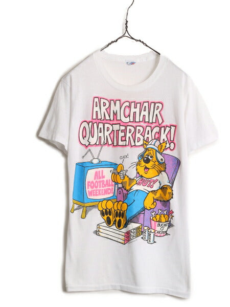 80s USA製 フットボール ジョーク イラスト プリント Tシャツ メンズ M / 80年代 ヴィンテージ アメフト キャラクター シングルステッチ 白