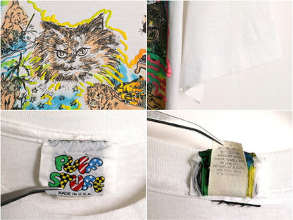 80s USA製 アニマル イラスト プリント Tシャツ メンズ L / 80年代 ヴィンテージ 当時物 ラメ 動物 ネコ グラフィック シングルステッチ 白