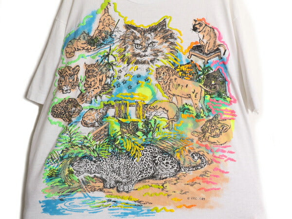80s USA製 アニマル イラスト プリント Tシャツ メンズ L / 80年代 ヴィンテージ 当時物 ラメ 動物 ネコ グラフィック シングルステッチ 白