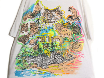 80s USA製 アニマル イラスト プリント Tシャツ メンズ L / 80年代 ヴィンテージ 当時物 ラメ 動物 ネコ グラフィック シングルステッチ 白