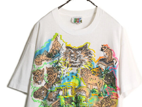 80s USA製 アニマル イラスト プリント Tシャツ メンズ L / 80年代 ヴィンテージ 当時物 ラメ 動物 ネコ グラフィック シングルステッチ 白
