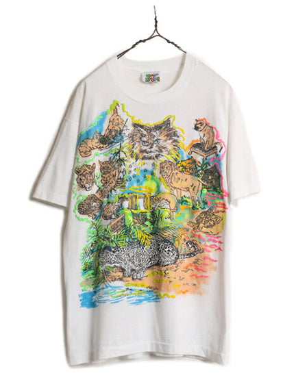80s USA製 アニマル イラスト プリント Tシャツ メンズ L / 80年代 ヴィンテージ 当時物 ラメ 動物 ネコ グラフィック シングルステッチ 白
