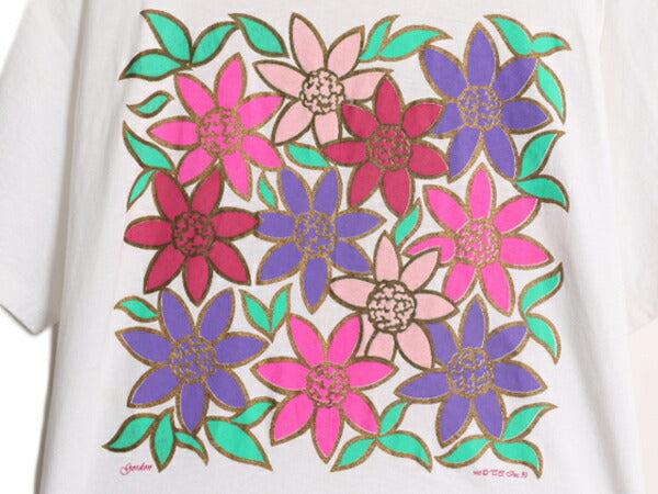 90s USA製 フラワー アート イラスト プリント Tシャツ メンズ レディース L / 古着 90年代 オールド 花 グラフィック シングルステッチ 白