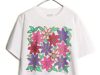 90s USA製 フラワー アート イラスト プリント Tシャツ メンズ レディース L / 古着 90年代 オールド 花 グラフィック シングルステッチ 白