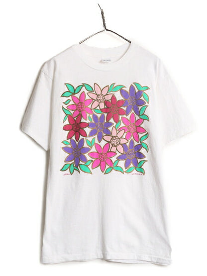 90s USA製 フラワー アート イラスト プリント Tシャツ メンズ レディース L / 古着 90年代 オールド 花 グラフィック シングルステッチ 白
