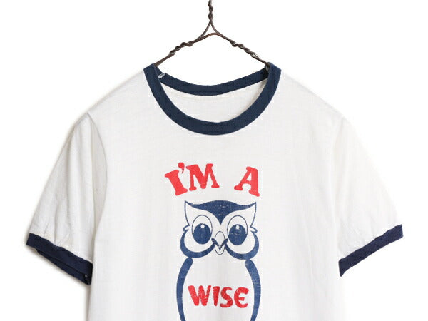 80s フクロウ イラスト ジョーク プリント リンガー Tシャツ メンズ レディース S ヴィンテージ 当時物 グラフィック シングルステッチ 白