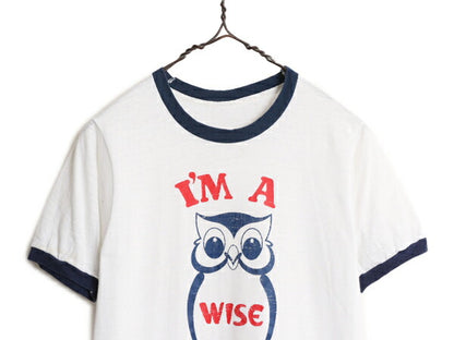 80s フクロウ イラスト ジョーク プリント リンガー Tシャツ メンズ レディース S ヴィンテージ 当時物 グラフィック シングルステッチ 白