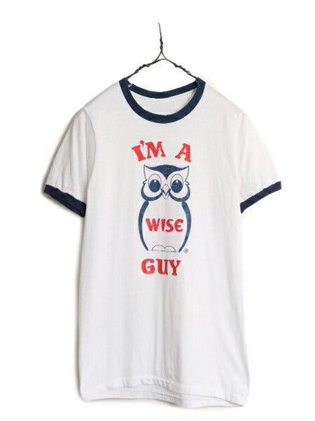 80s フクロウ イラスト ジョーク プリント リンガー Tシャツ メンズ レディース S ヴィンテージ 当時物 グラフィック シングルステッチ 白