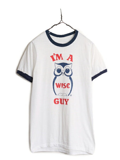 80s フクロウ イラスト ジョーク プリント リンガー Tシャツ メンズ レディース S ヴィンテージ 当時物 グラフィック シングルステッチ 白