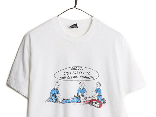 90s USA製 ジョーク キャラクター イラスト プリント 半袖 Tシャツ メンズ L / 90年代 オールド アート グラフィック シングルステッチ 白