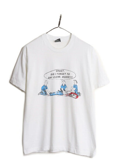 90s USA製 ジョーク キャラクター イラスト プリント 半袖 Tシャツ メンズ L / 90年代 オールド アート グラフィック シングルステッチ 白