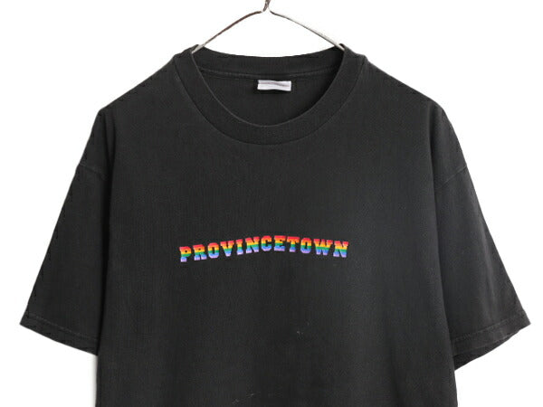 90s DON'T PANIC メッセージ プリント Tシャツ メンズ L / 古着 黒 90年代 オールド 当時物 プリントT レインボー ヘビーウェイト ブラック
