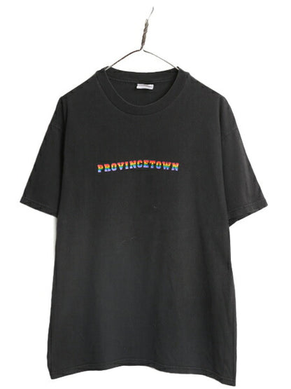 90s DON'T PANIC メッセージ プリント Tシャツ メンズ L / 古着 黒 90年代 オールド 当時物 プリントT レインボー ヘビーウェイト ブラック