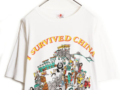 80s 90s チャイナ スーベニア イラスト プリント Tシャツ メンズ XL / 80年代 90年代 ヴィンテージ オールド グラフィック メッセージ 白