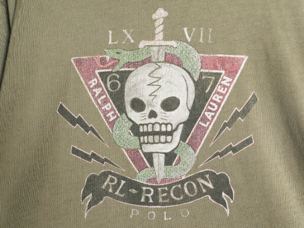 ポロ ラルフローレン スカル スネーク イラスト プリント Tシャツ メンズ L / ミリタリー シングルステッチ クルーネック オリーブ カーキ