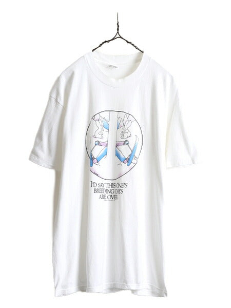 80s USA製 ■ ジョーク イラスト プリント Tシャツ メンズ L / 80年代 ビンテージ アート メッセージ ウサギ シングルステッチ 白 アニマル